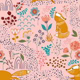 Summer forest seamless pattern background with a fox