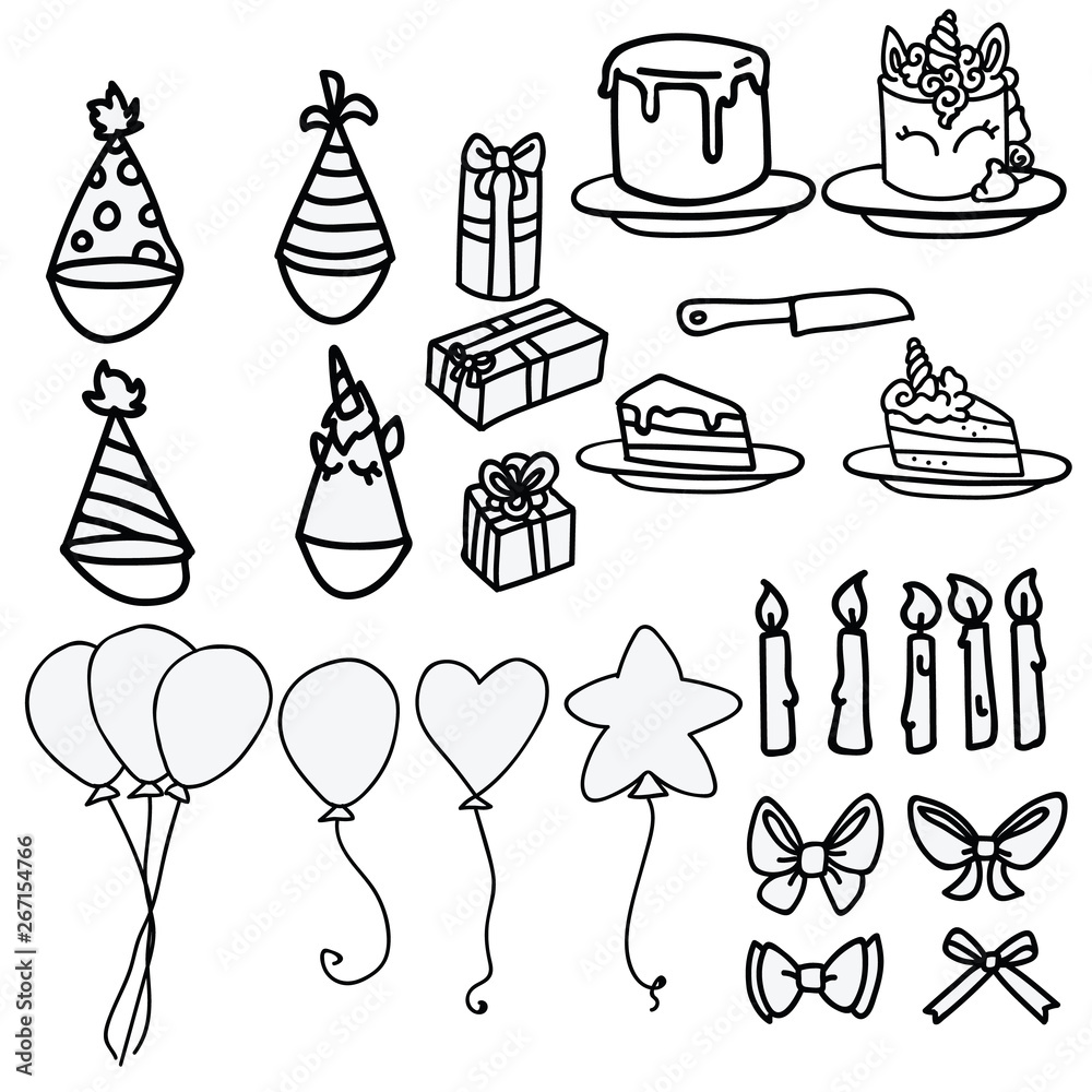 Cute party supply line art cartoon vector illustration motif set. Hand