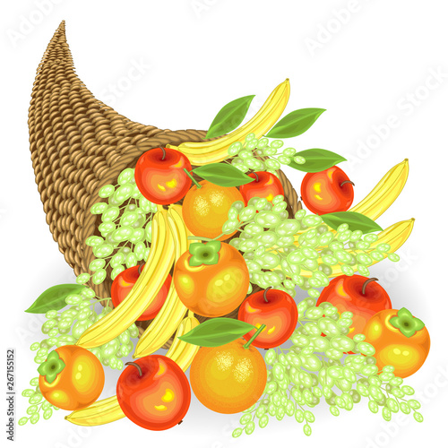 Thanksgiving Day. Collected a generous harvest of fresh fruits. In the cornucopia, apples, bananas, grapes, persimmons and oranges. Vector illustration