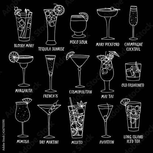 Set of doodle cocktails with names.