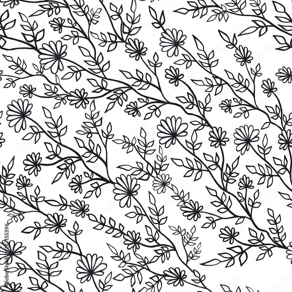 floral abstract black and white seamless pattern