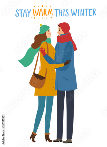 Cartoon pair in winter clothes hugging and each other.