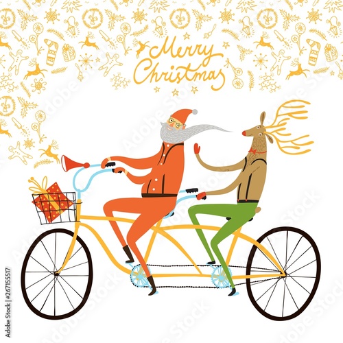 Santa Claus and reindeer cyclists christmas illustration