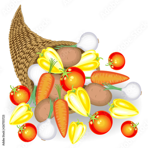 Thanksgiving Day. Collected a generous harvest of fresh vegetables. In the cornucopia potatoes, carrots, onions, peppers, tomatoes. Vector illustration
