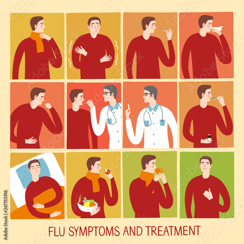 Cold and flu stages and treatment set.