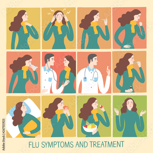 Cold and flu stages and treatment informative illustration.