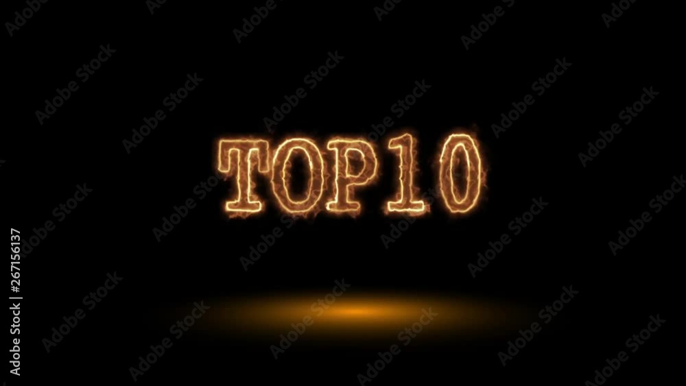 Top 10 fiery word.Burning text, glowing fire letters on a black background. Top 10 fiery word.Burning text, glowing fire letters on a black background.