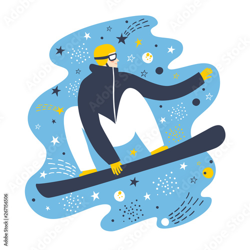 Cartoon fast snowboarder on decorative background.