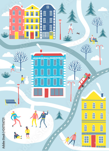 Winter town map illustration.