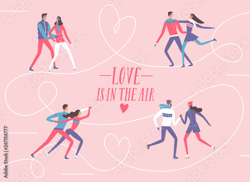 Cartoon ice skating pairs romantic illustration