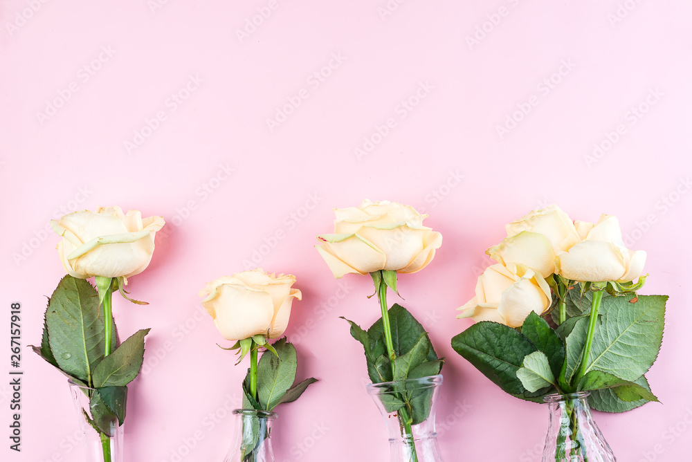 Obraz premium Beautiful fresh cut beige Roses in glass vase on pink background. Minimal floral composition for romantic gift, flat lay