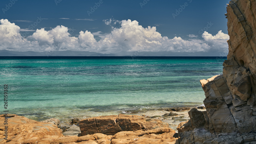 The paradise tropical beach Playa Larga on Contadora island in the Pacific Ocean, archipelago Las Perlas, Panama