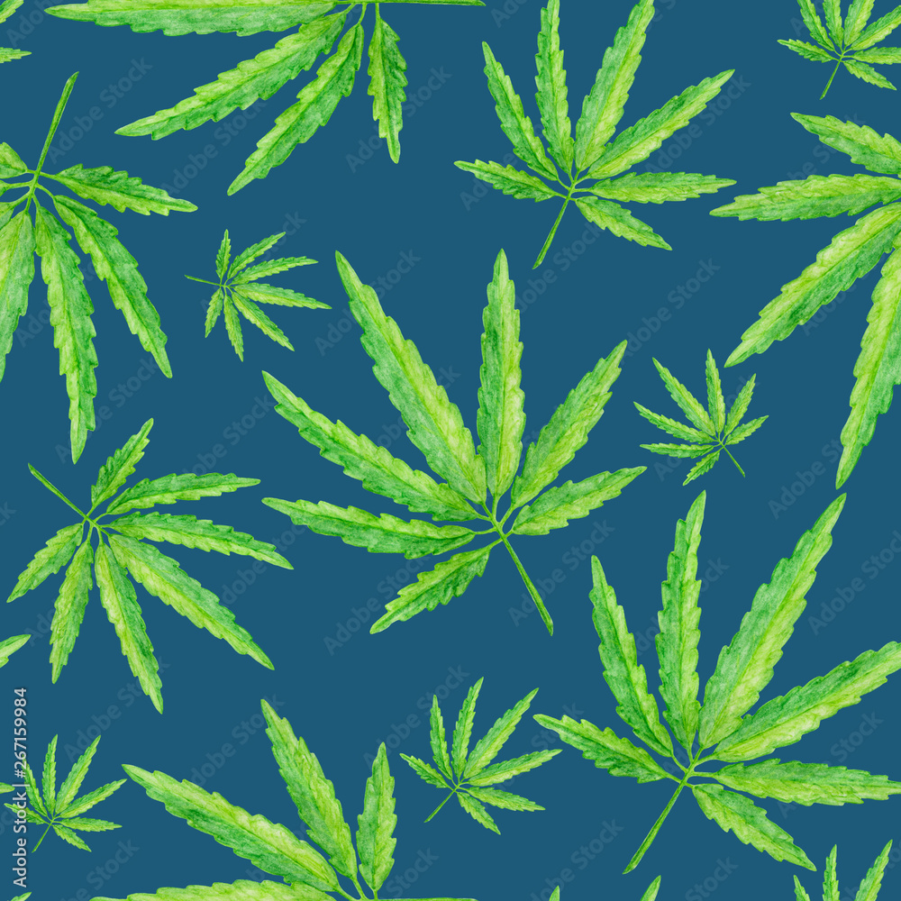 Seamless pattern with green Cannabis leaves, hand drawn plant on navy blue background