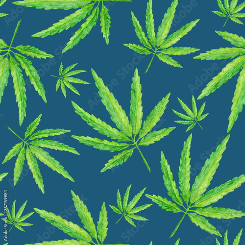 Seamless pattern with green Cannabis leaves  hand drawn plant on navy blue background