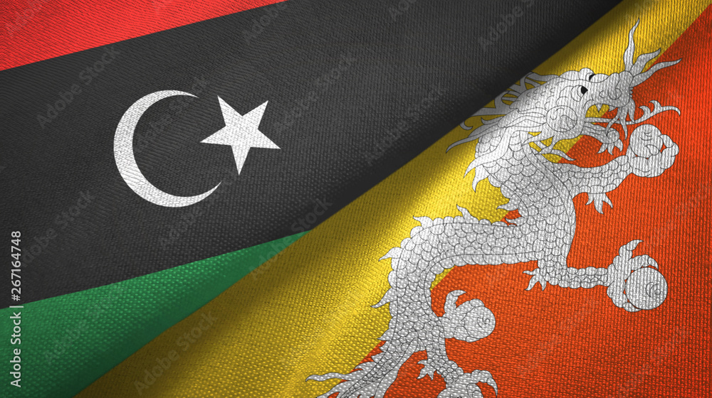 Libya and Bhutan two flags textile cloth, fabric texture Libya and Bhutan two flags textile cloth, fabric texture