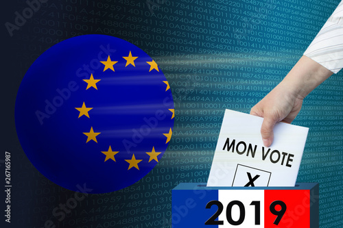 a woman votes in the elections of 2019 in France, dropping into the box the ballot with the inscription in French "my vote" on a digital background next to the globe of the European Union