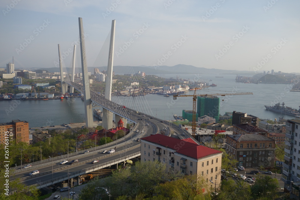 The cable-stayed Zolotoy Bridge (Golden Bridge, 2012) over the Zolotoy Rog (Golden Horn) bay (Vladivostok, Russia) The cable-stayed Zolotoy Bridge (Golden Bridge, 2012) over the Zolotoy Rog (Golden Horn) bay (Vladivostok, Russia)