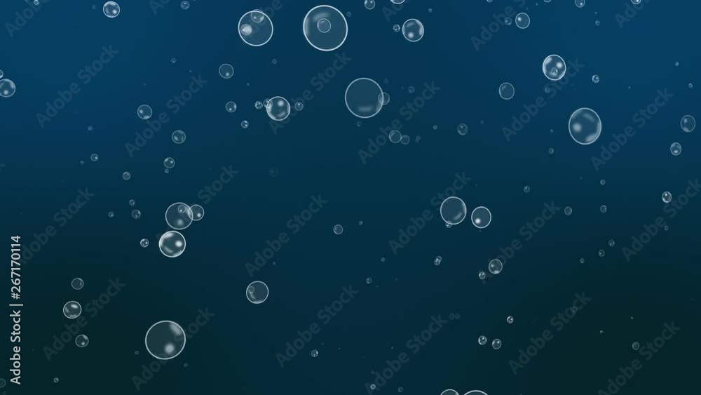 Loopable 3D animation of different sized transparent bubbles rising up.
