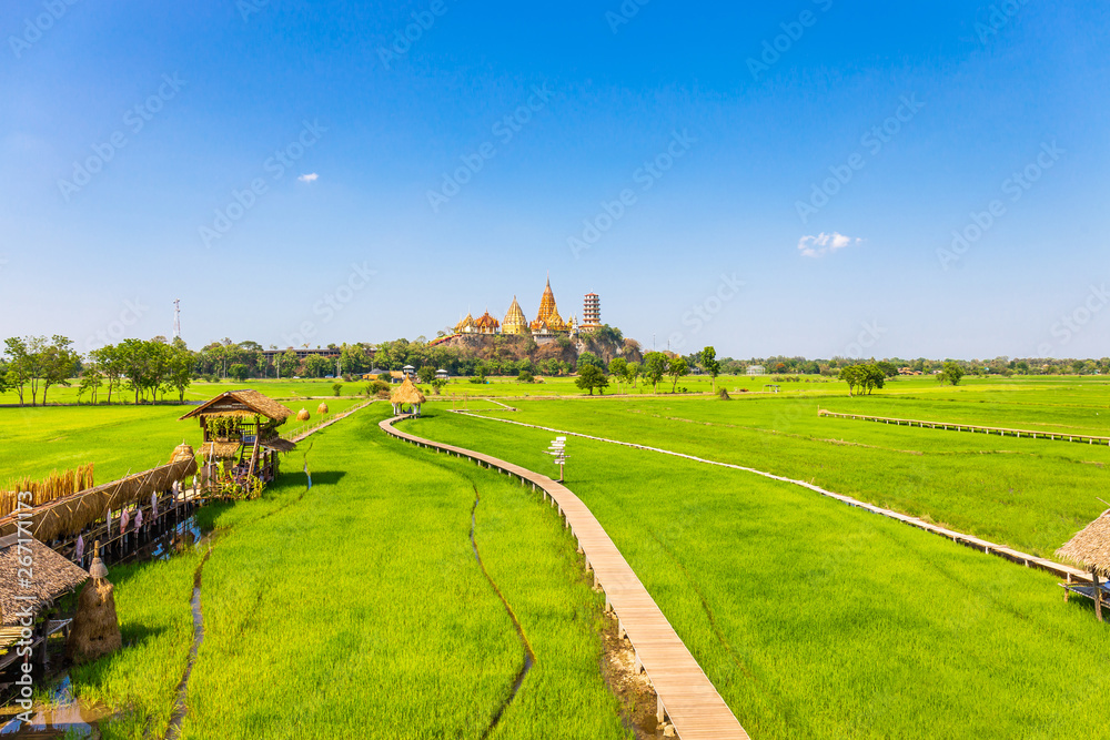 Landscape of Wat Tham Sua Temple (Tiger Cave Temple) with Jasmine rice fields at Kanchanaburi Province, Thailand. Is an important landmark that everyone must visit