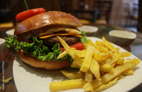 delicius hamburger sandwich with french fries