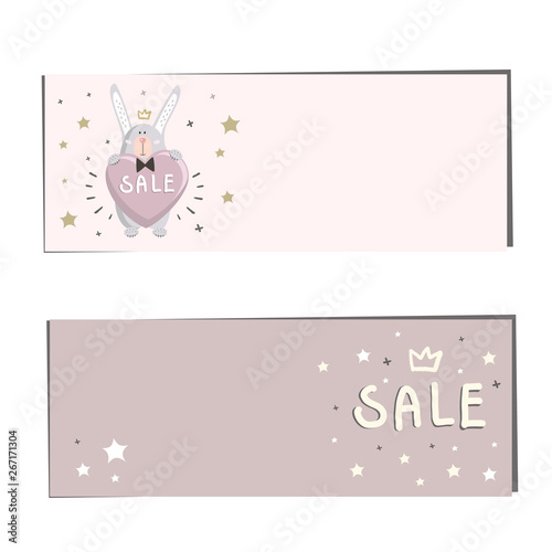 Discount banner with cute bunny and stars. Vector illustration in doodle style