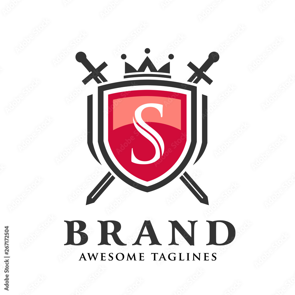 letter S with two crossed swords,shield with crown logo for uses as ...