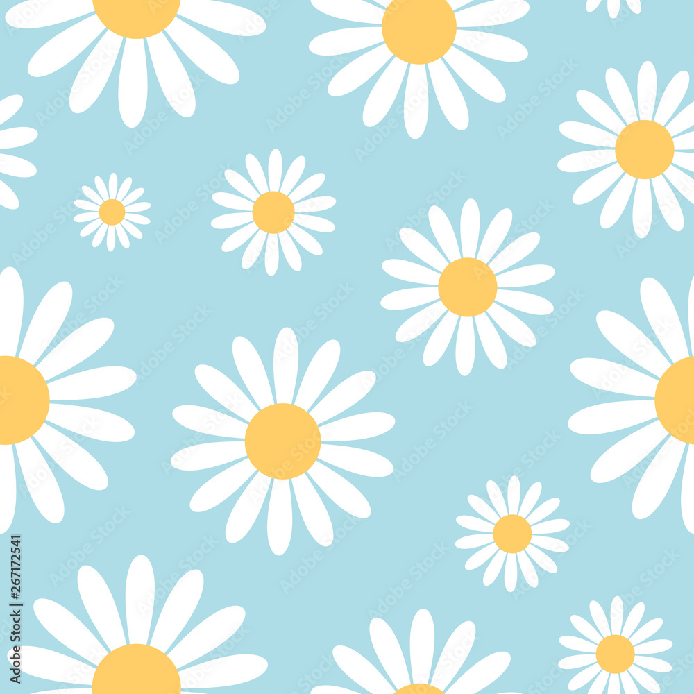Obraz premium Seamless pattern with chamomile flowers on blue background.