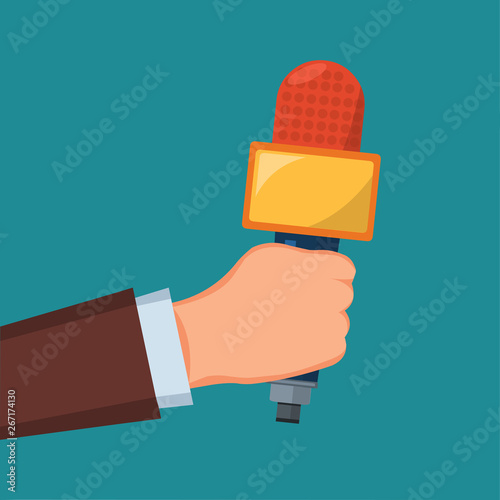 hand holding microphone for news reporter concept vector illustration