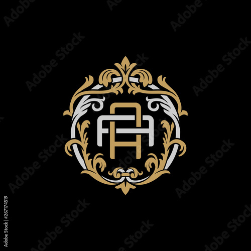 Initial letter A and A, AA, decorative ornament emblem badge, overlapping monogram logo, elegant luxury silver gold color on black background
