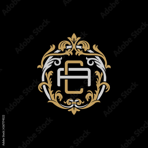 Initial letter A and C, AC, CA, decorative ornament emblem badge, overlapping monogram logo, elegant luxury silver gold color on black background