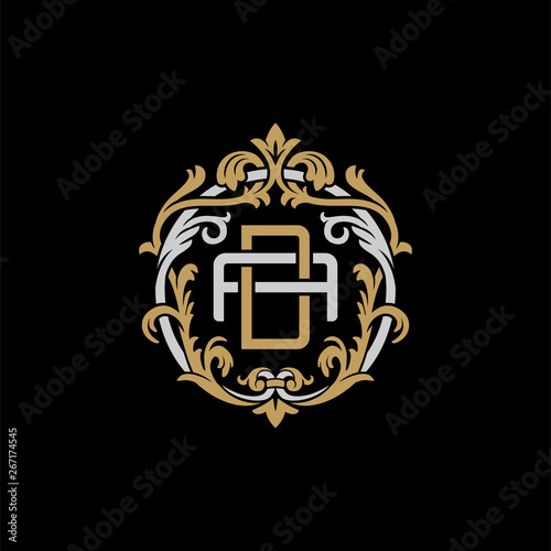 Initial letter A and D, AD, DA, decorative ornament emblem badge, overlapping monogram logo, elegant luxury silver gold color on black background