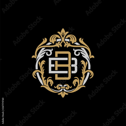 Initial letter B and B, BB, decorative ornament emblem badge, overlapping monogram logo, elegant luxury silver gold color on black background