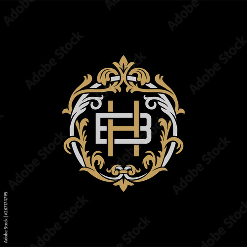 Initial letter B and H, BH, HB, decorative ornament emblem badge, overlapping monogram logo, elegant luxury silver gold color on black background