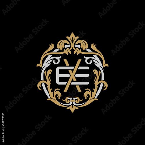 Initial letter E and X, EX, XE, decorative ornament emblem badge, overlapping monogram logo, elegant luxury silver gold color on black background
