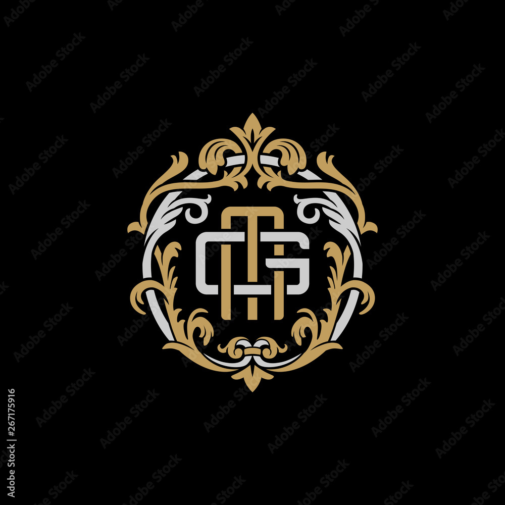 Initial letter G and M, GM, MG, decorative ornament emblem badge, overlapping monogram logo, elegant luxury silver gold color on black background Initial letter G and M, GM, MG, decorative ornament emblem badge, overlapping monogram logo, elegant luxury silver gold color on black background