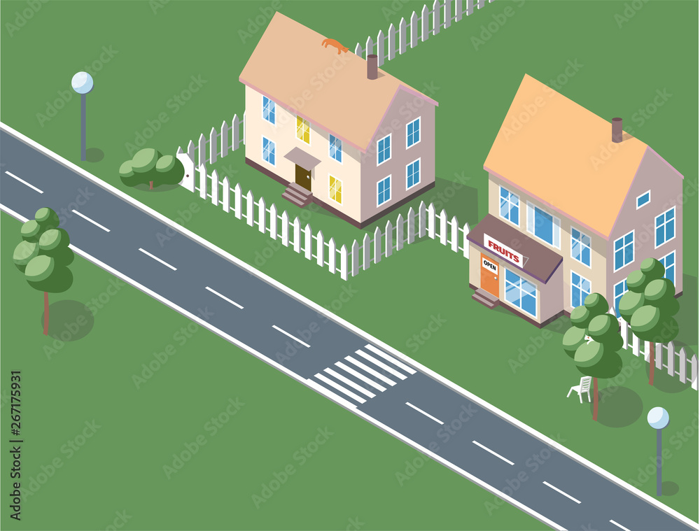 City Background - modern flat design style vector illustration on white background. Lovely housing complex with small buildings, trees, pedestrian zone, Shopping and Excensive