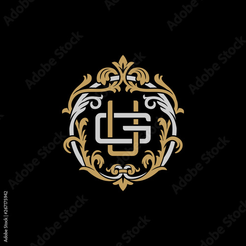 Initial letter G and U  GU  UG  decorative ornament emblem badge  overlapping monogram logo  elegant luxury silver gold color on black background