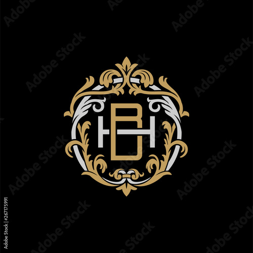 Initial letter H and B, HB, BH, decorative ornament emblem badge, overlapping monogram logo, elegant luxury silver gold color on black background