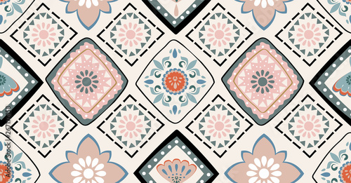 orange green black geometric seamless pattern in African style with square,tribal,circle shape