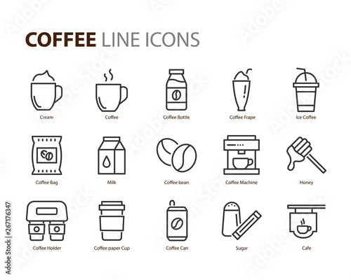 set of coffee line icons  such as ice coffee  milk  restaurant  coffee bean  bar  cafe