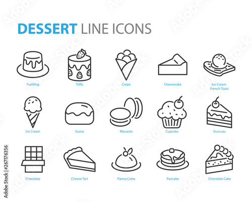 set of dessert icons, such as crepe, sweet, cake, ice cream, scone, choco