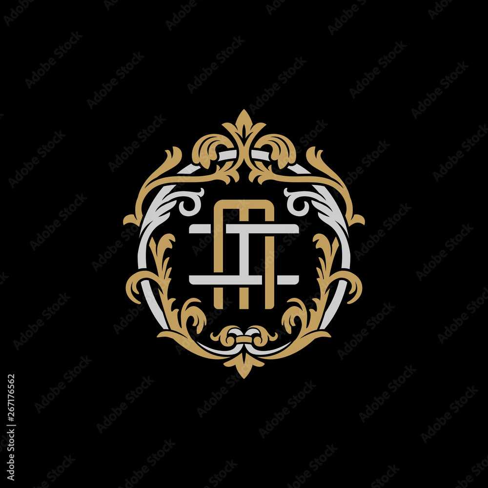 Initial letter I and M, IM, MI, decorative ornament emblem badge, overlapping monogram logo, elegant luxury silver gold color on black background