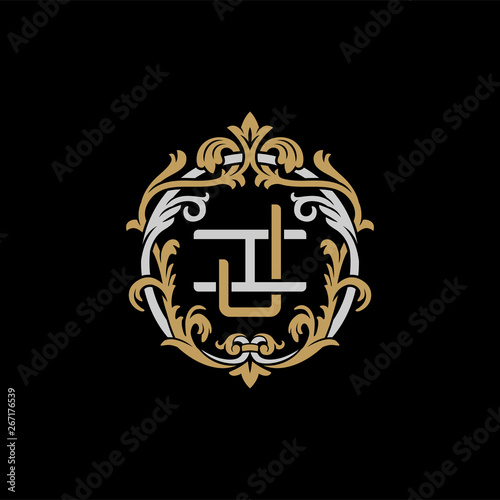 Initial letter I and J, IJ, JI, decorative ornament emblem badge, overlapping monogram logo, elegant luxury silver gold color on black background