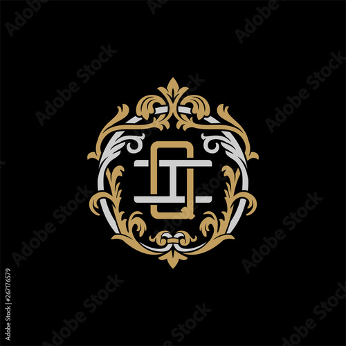 Initial letter I and Q, IQ, QI, decorative ornament emblem badge, overlapping monogram logo, elegant luxury silver gold color on black background