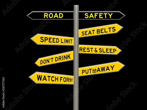 Road safety concept 3d sign on a signpost against a black background