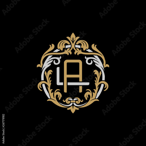 Initial letter L and A, LA, AL, decorative ornament emblem badge, overlapping monogram logo, elegant luxury silver gold color on black background