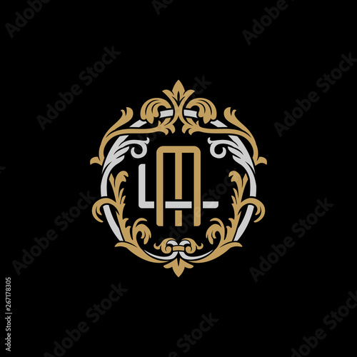 Initial letter L and M, LM, ML, decorative ornament emblem badge, overlapping monogram logo, elegant luxury silver gold color on black background