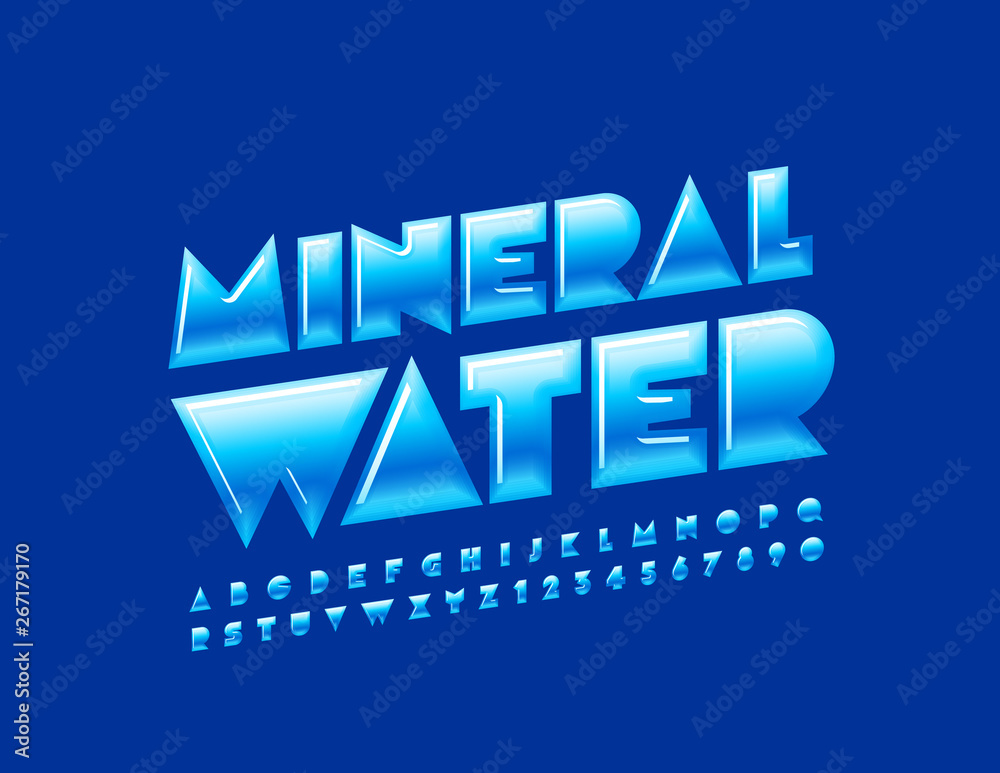 Vector blue sign Mineral Water. Glossy Uppercase Font. Shiny creative Alphabet Letters and Numbers.