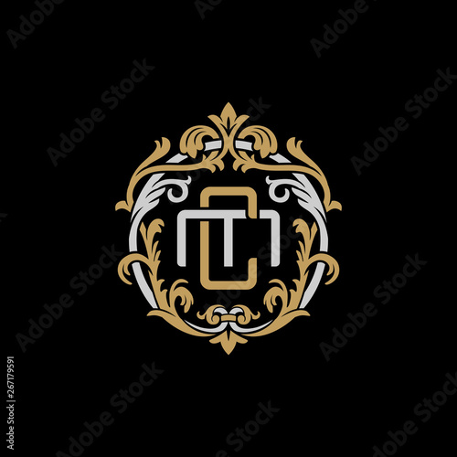 Initial letter M and C, MC, CM, decorative ornament emblem badge, overlapping monogram logo, elegant luxury silver gold color on black background