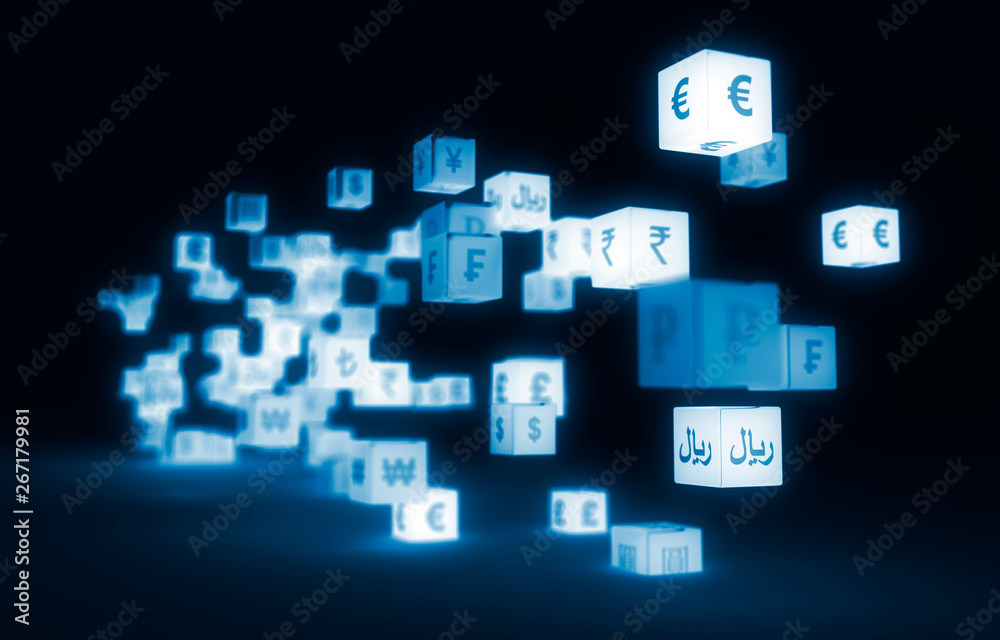Currency symbols on cubes. Business concept. 3D rendering Currency symbols on cubes. Business concept. 3D rendering